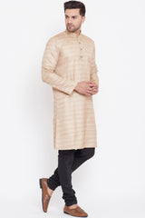 Long Blended Silk Beige Kurta Pyjama Set