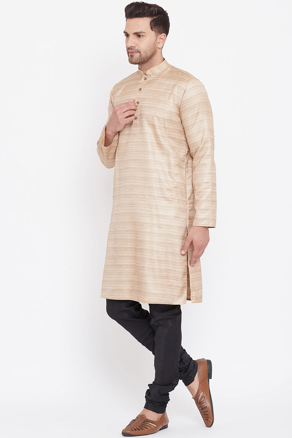 Buy Blended Silk Striped Kurta Pyjama Set in Beige