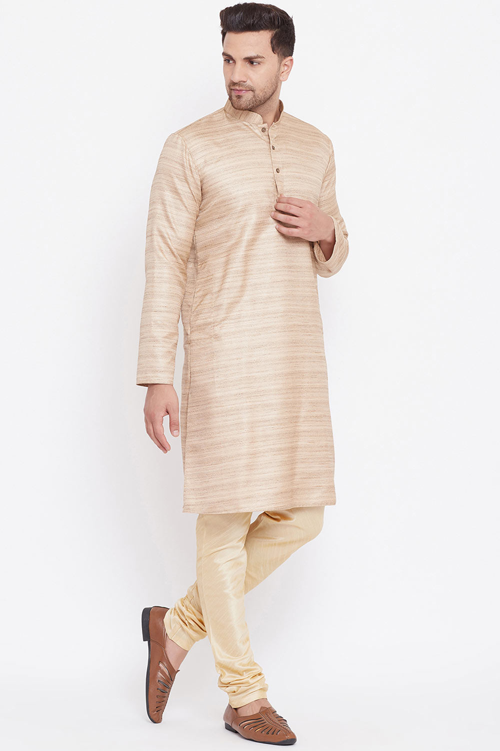 Long Blended Silk Beige Kurta Pyjama Set