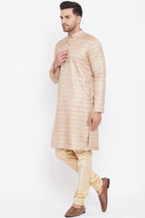 Buy Blended Silk Striped Kurta Pyjama Set in Beige