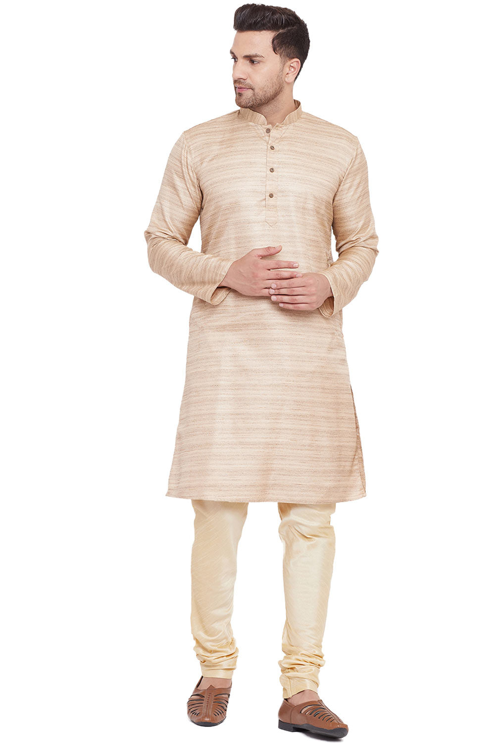 Buy Blended Silk Striped Kurta Pyjama Set in Beige