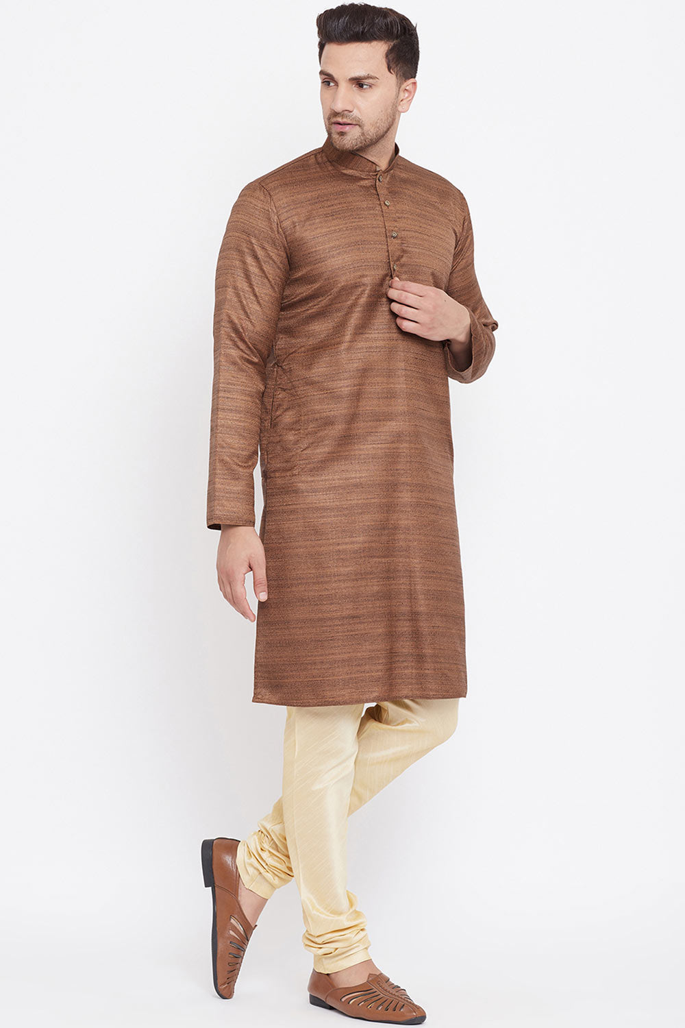 Long Blended Silk Coffee Brown Kurta Pyjama Set