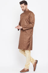 Buy Silk Striped Kurta Pyjama Set in Coffee Brown