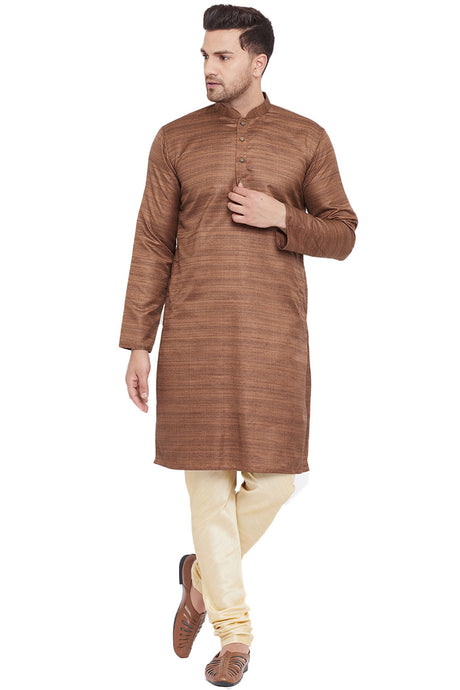 Buy Blended Silk Striped Kurta Pyjama Set in Coffee Brown