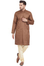 Buy Blended Silk Striped Kurta Pyjama Set in Coffee Brown