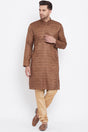 Buy Men's Blended Silk Stripe Printed Kurta Set in Coffee