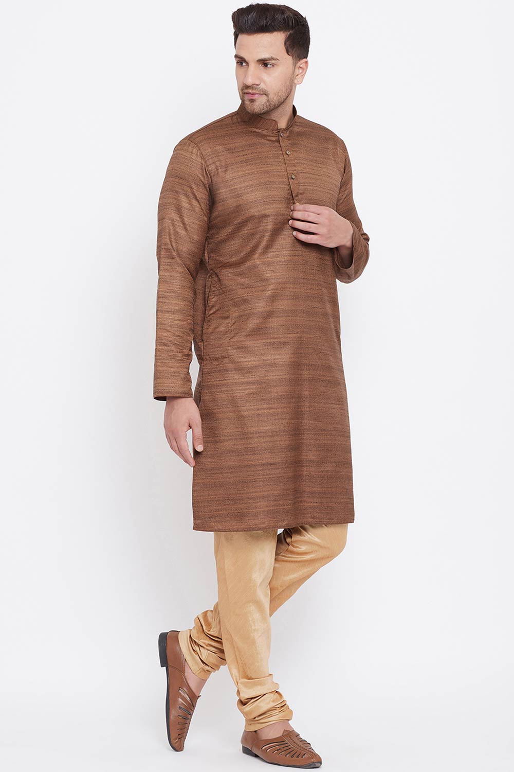 Buy Men's Blended Silk Stripe Printed Kurta Set in Coffee - Front