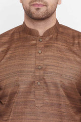 Buy Men's Blended Silk Stripe Printed Kurta Set in Coffee - Back