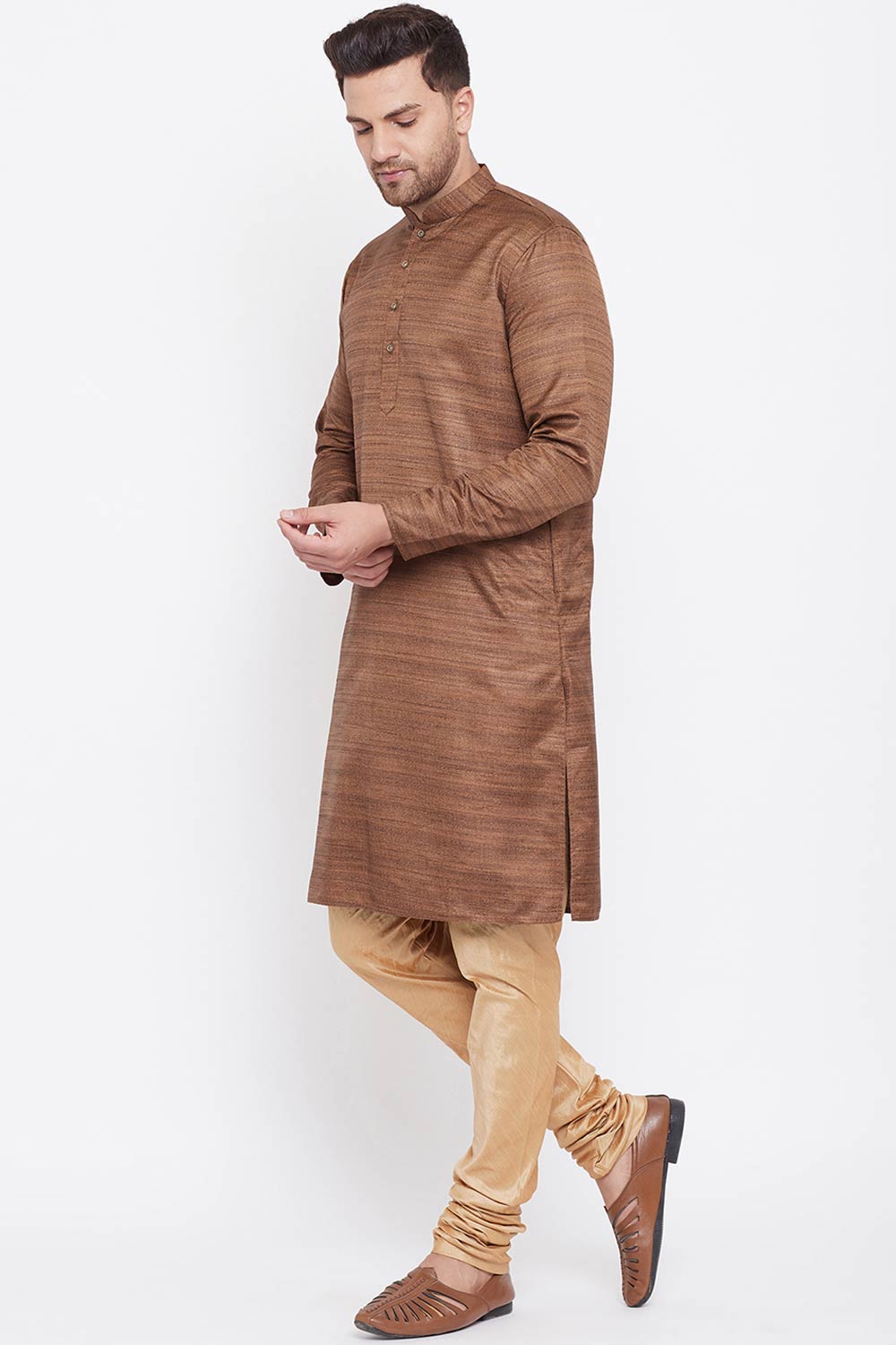 Buy Men's Blended Silk Stripe Printed Kurta Set in Coffee - Side