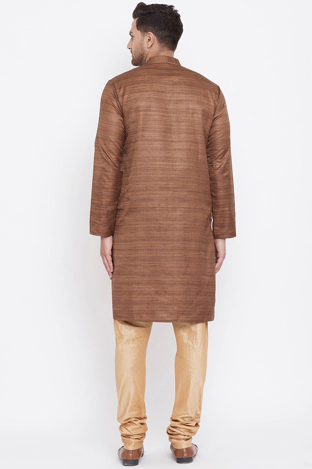 Buy Men's Blended Silk Stripe Printed Kurta Set in Coffee - Online