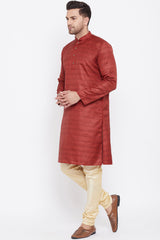 Long Blended Silk Maroon Kurta Pyjama Set