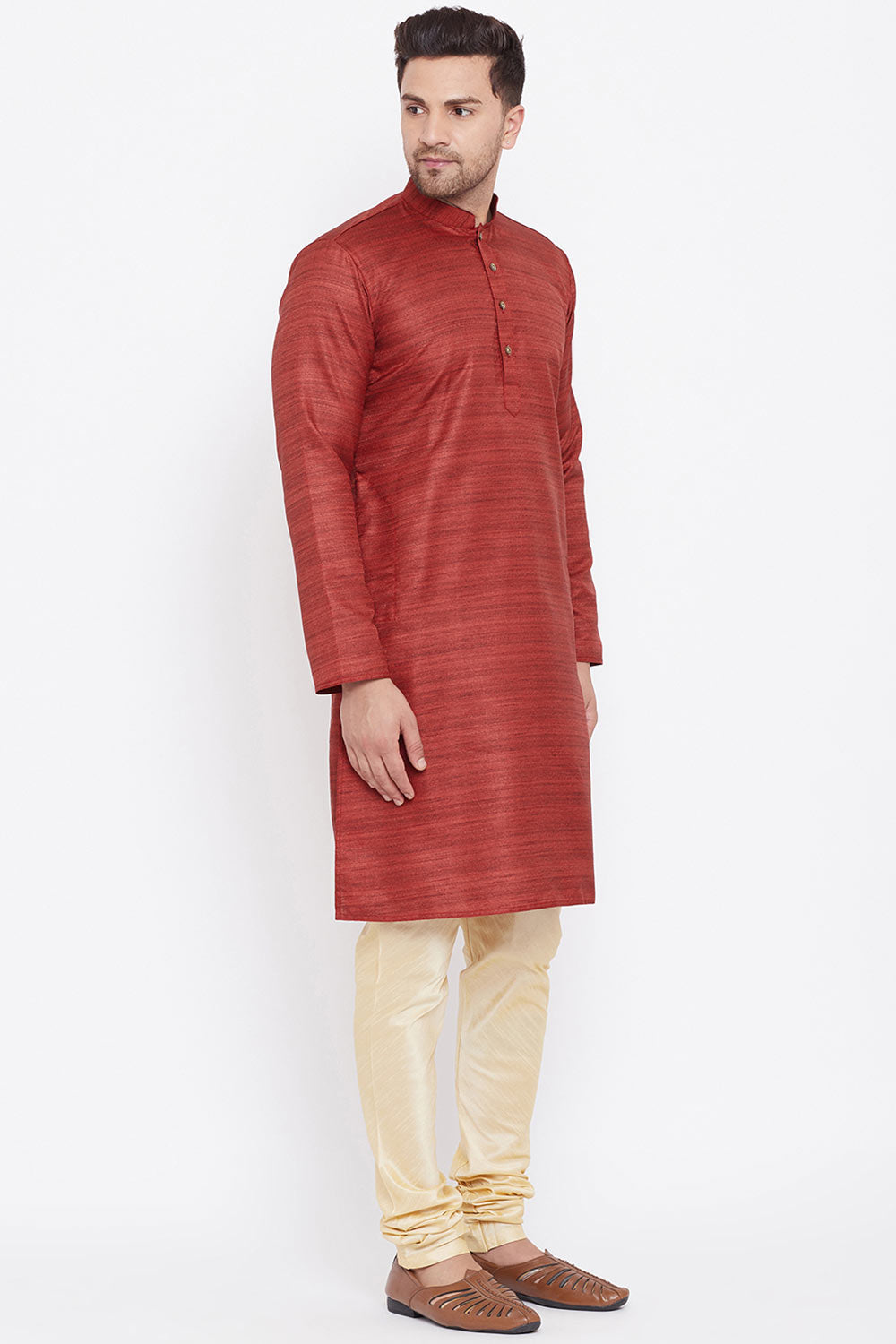 Buy Blended Silk Striped Kurta Pyjama Set in Maroon