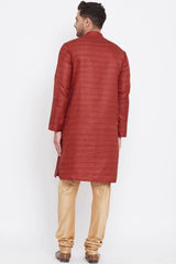 Buy Men's Blended Silk Stripe Printed Kurta Set in Maroon And Rose Gold - Online