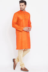 Long Blended Silk Orange Kurta Pyjama Set