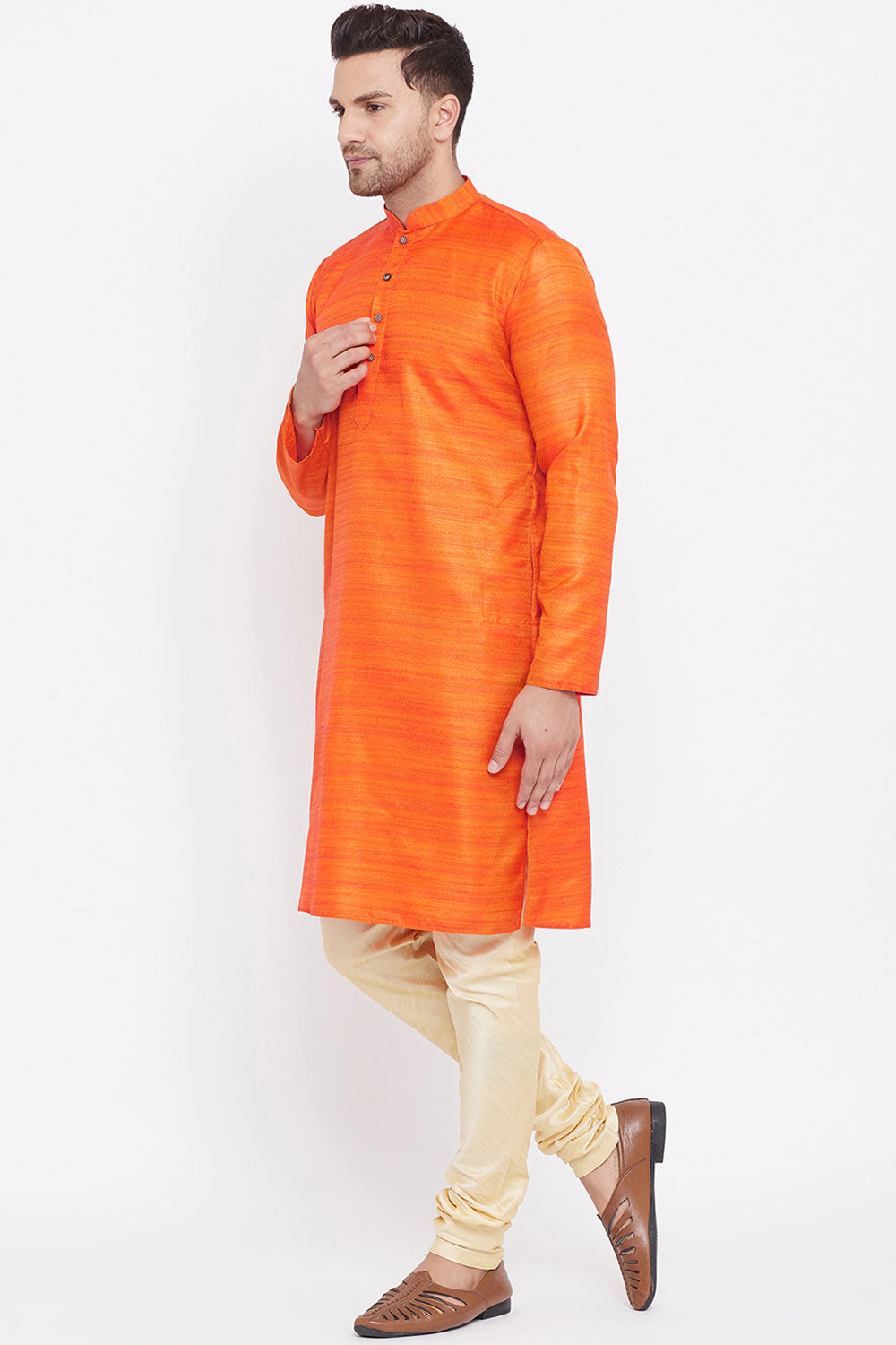 Buy Blended Silk Striped Kurta Pyjama Set in Orange