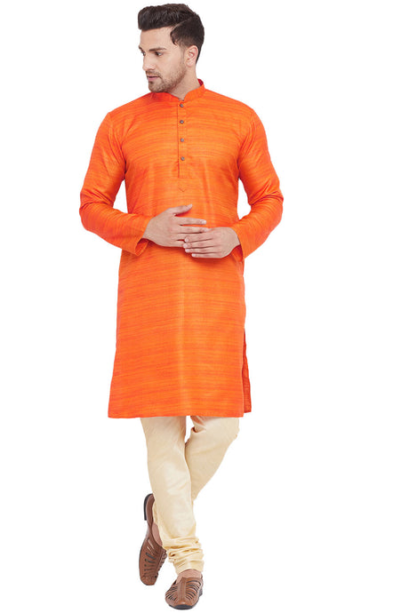 Buy Blended Silk Striped Kurta Pyjama Set in Orange