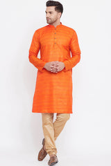 Buy Men's Blended Silk Stripe Printed Kurta Set in Orange And Rose Gold