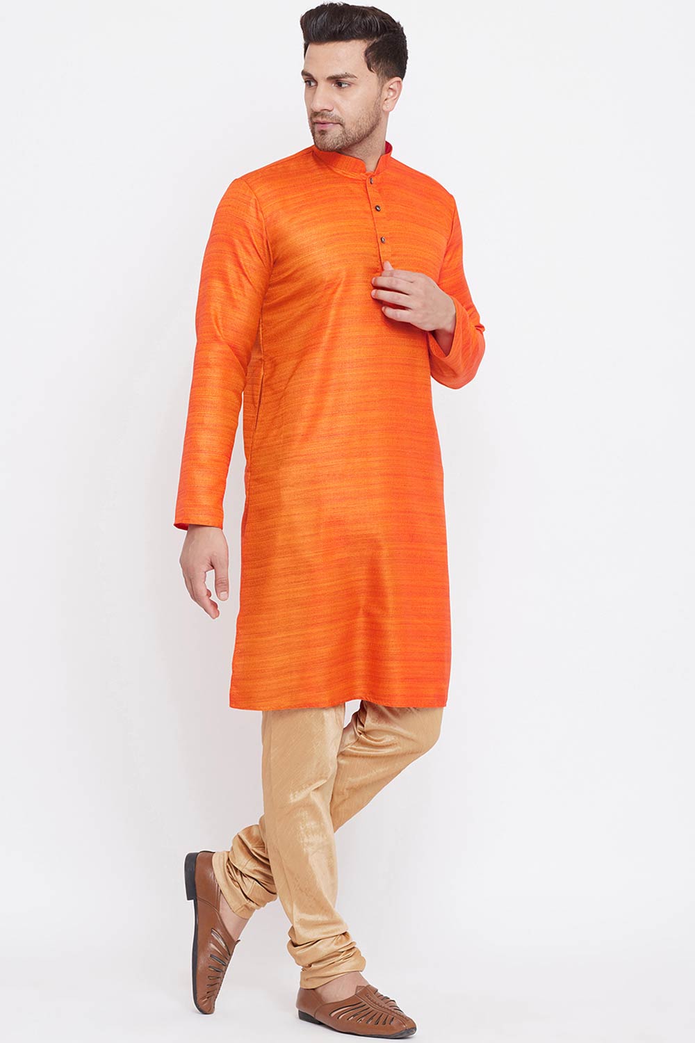 Buy Men's Blended Silk Stripe Printed Kurta Set in Orange And Rose Gold - Front