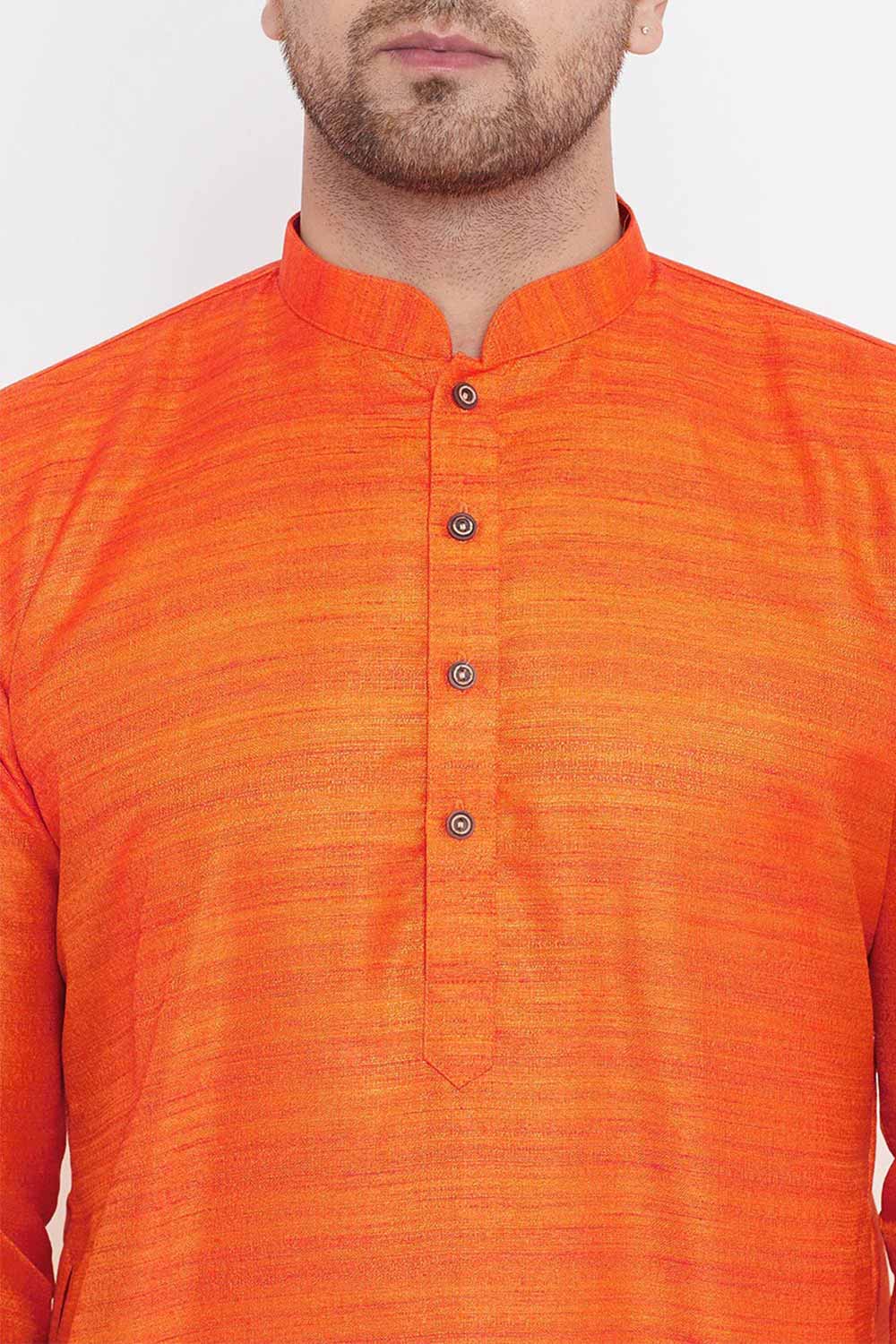 Buy Men's Blended Silk Stripe Printed Kurta Set in Orange And Rose Gold - Back