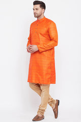 Buy Men's Blended Silk Stripe Printed Kurta Set in Orange And Rose Gold - Side