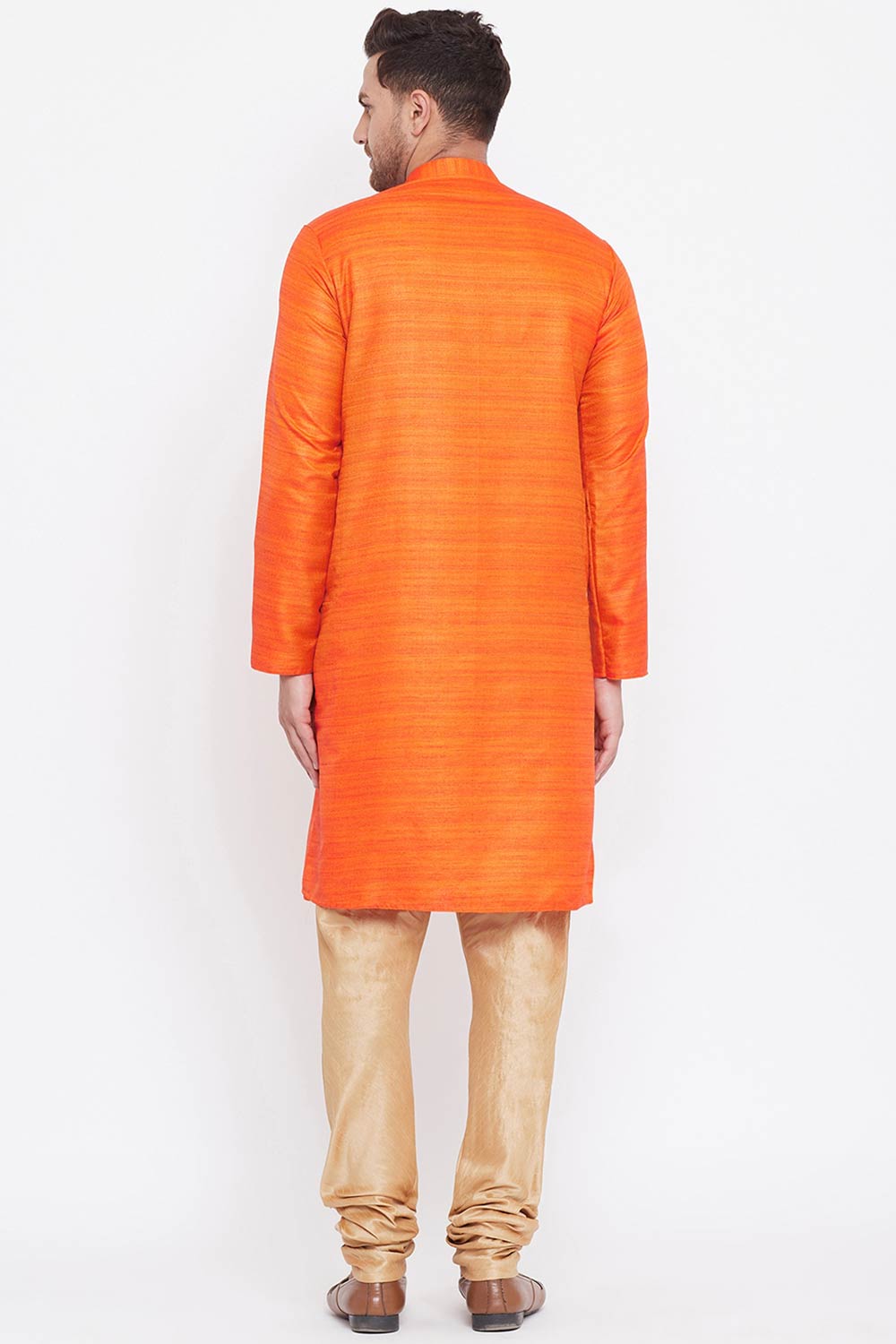 Buy Men's Blended Silk Stripe Printed Kurta Set in Orange And Rose Gold - Online