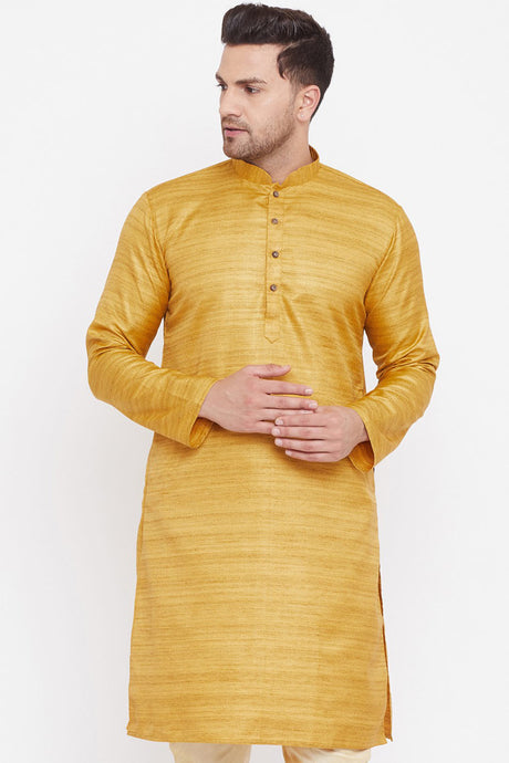 Mustard Blended Silk Kurta for Men's