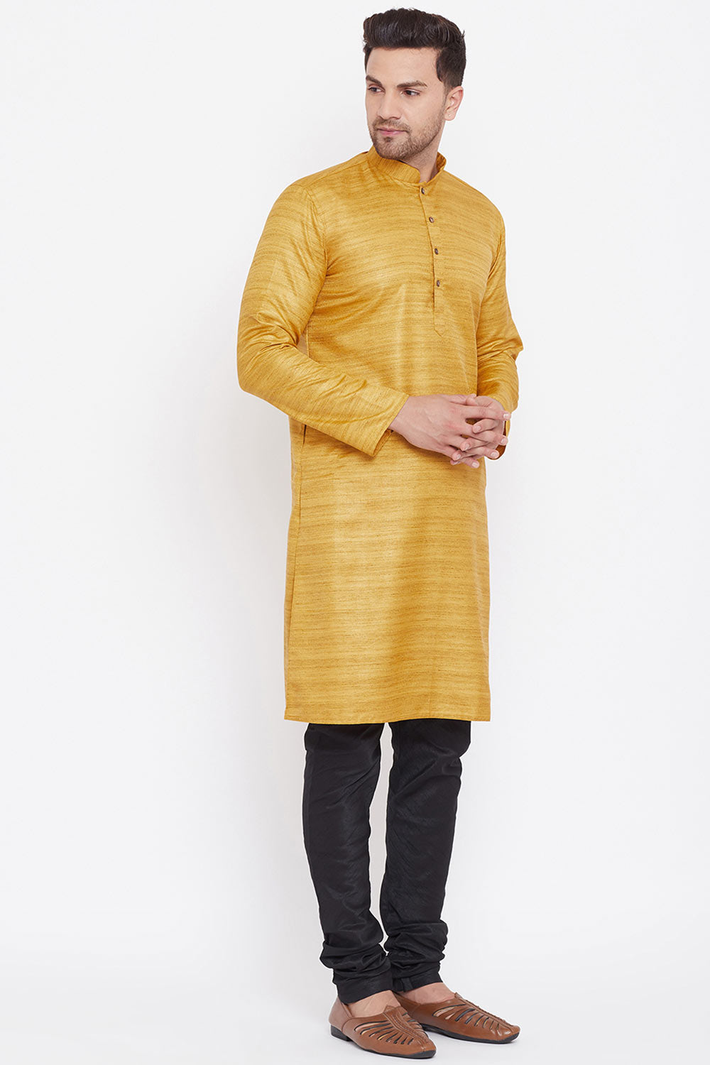 Buy Blended Silk Striped Kurta Pyjama Set in Mustard