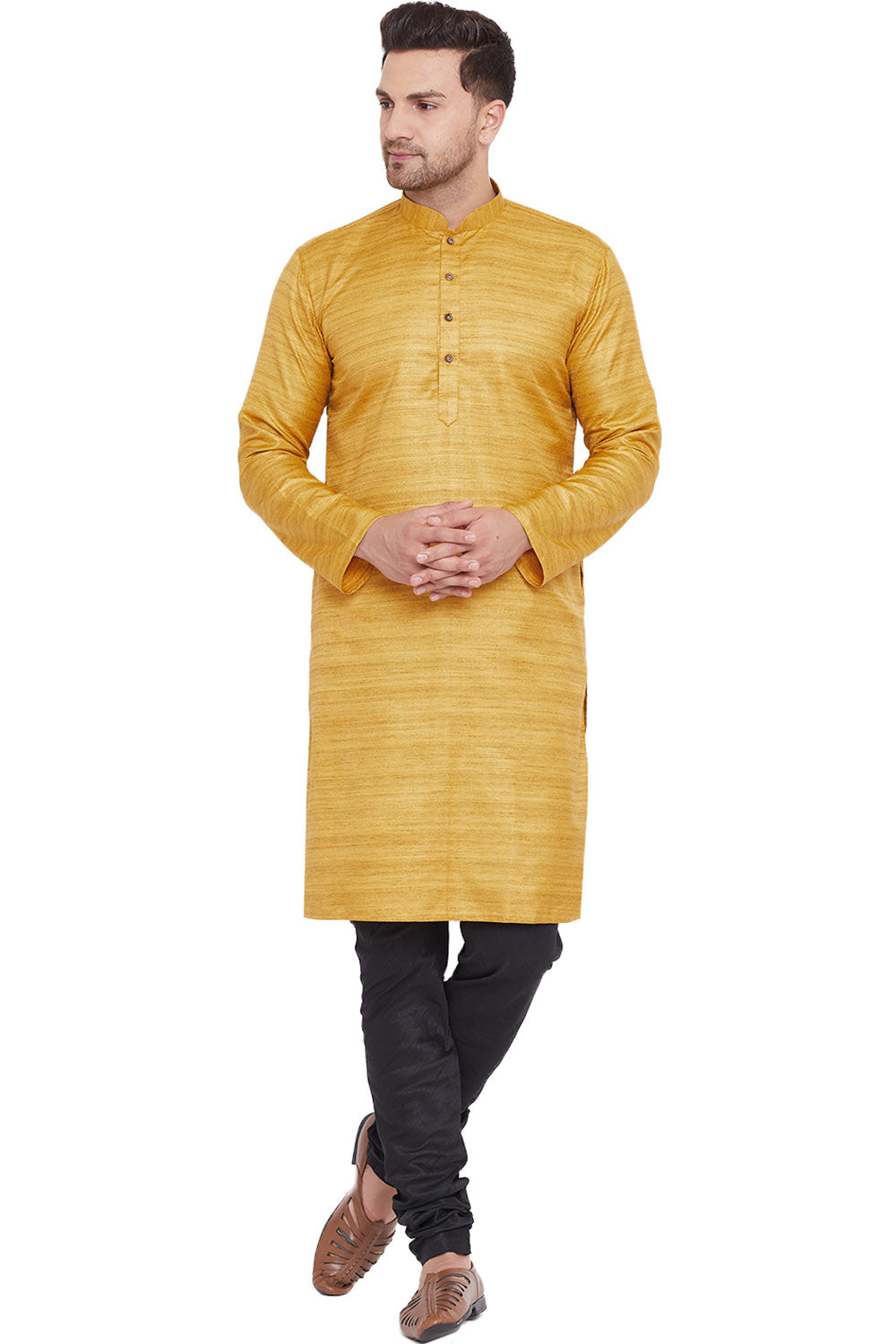 Buy Blended Silk Striped Kurta Pyjama Set in Mustard