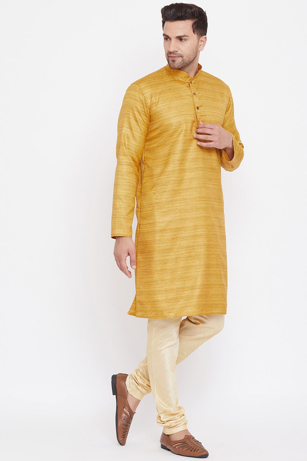 Long Blended Silk Mustard Kurta Pyjama Set