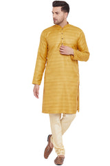 Buy Blended Silk Striped Kurta Pyjama Set in Mustard