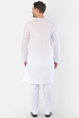 Buy Men's blended Cotton Solid Kurta Set in White - Back