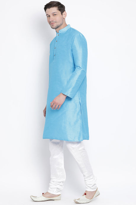 Men's Cotton Art Silk Kurta Set In Light Blue