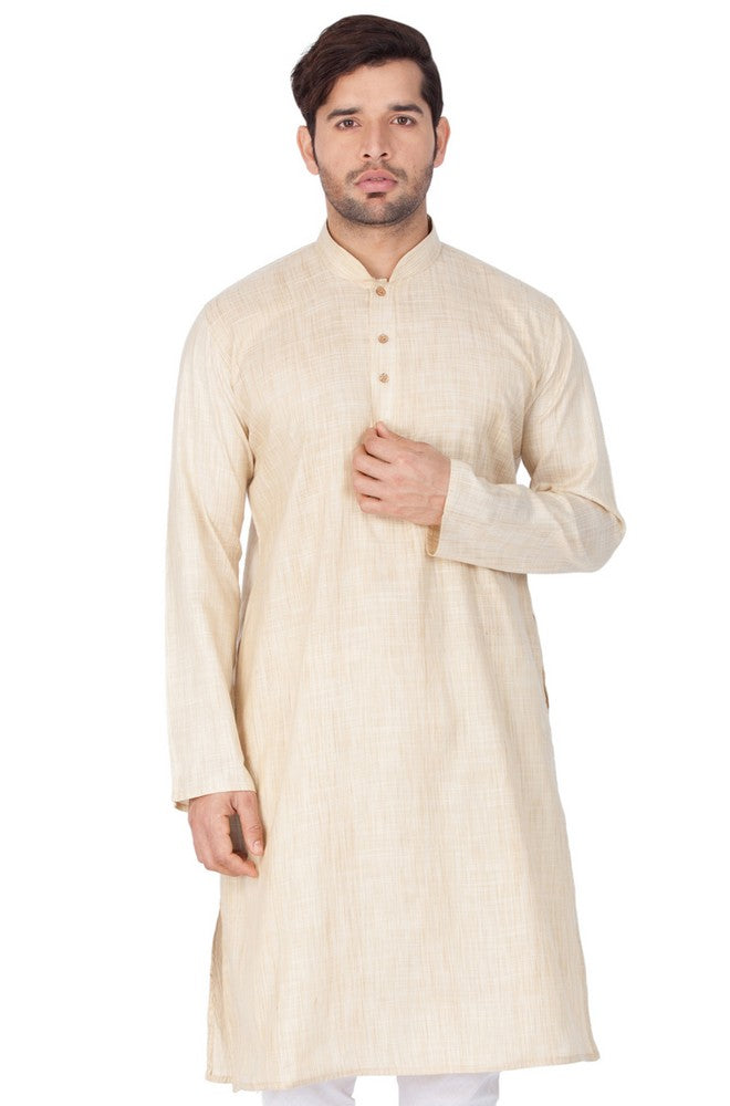 Men's Cotton Solid Kurta In Beige