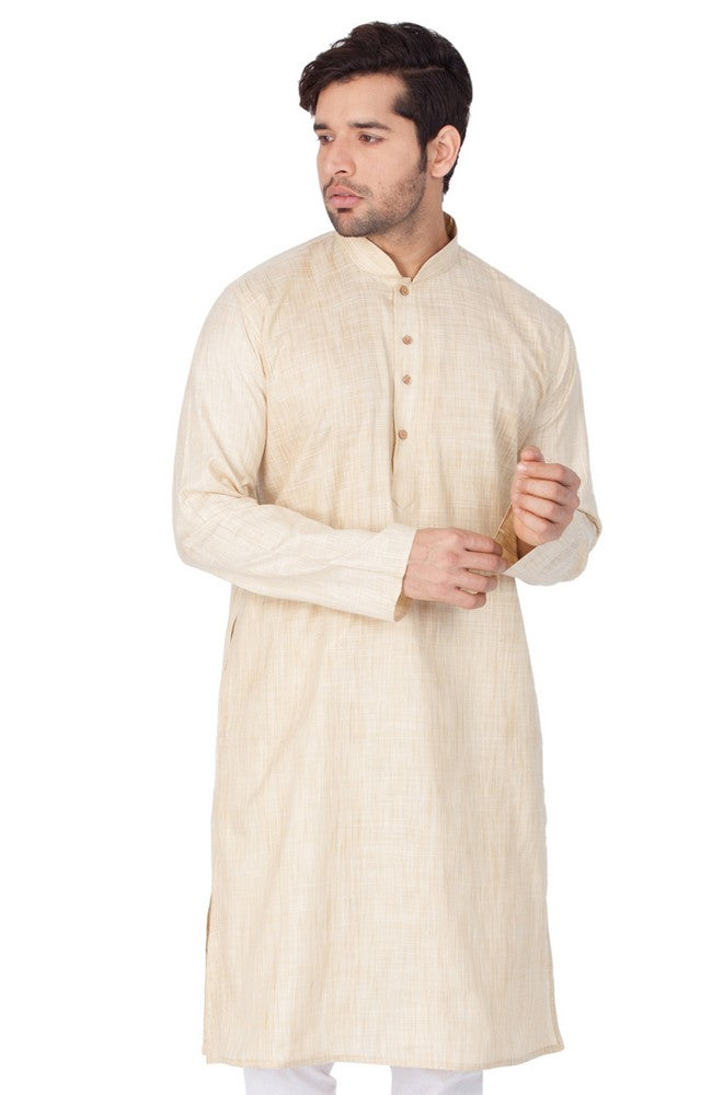 Men's Cotton Solid Kurta In Beige