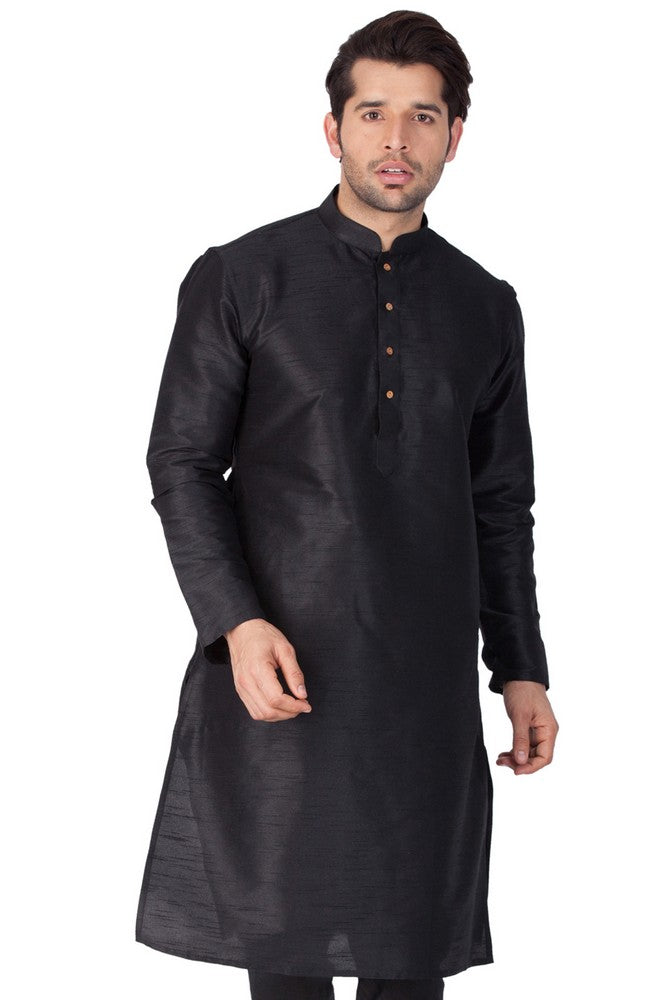 Men's Cotton Art Silk Solid Kurta In Black