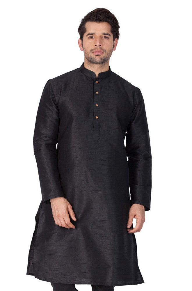 Men's Cotton Art Silk Solid Kurta In Black