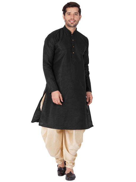 Men's Cotton Art Silk Solid Kurta and Cowl Dhoti Pant Set in Black