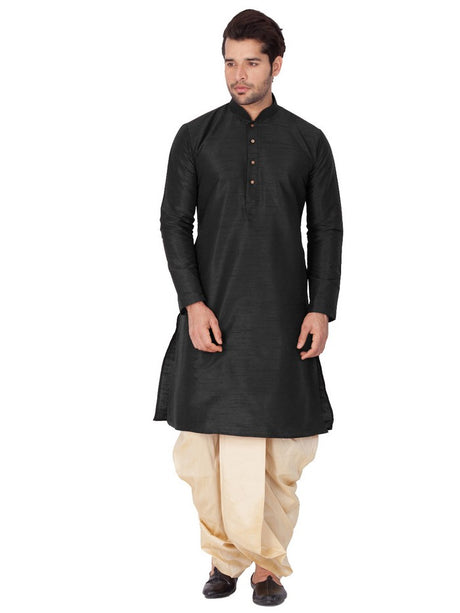 Men's Cotton Art Silk Solid Kurta and Dhoti Pant Set in Black