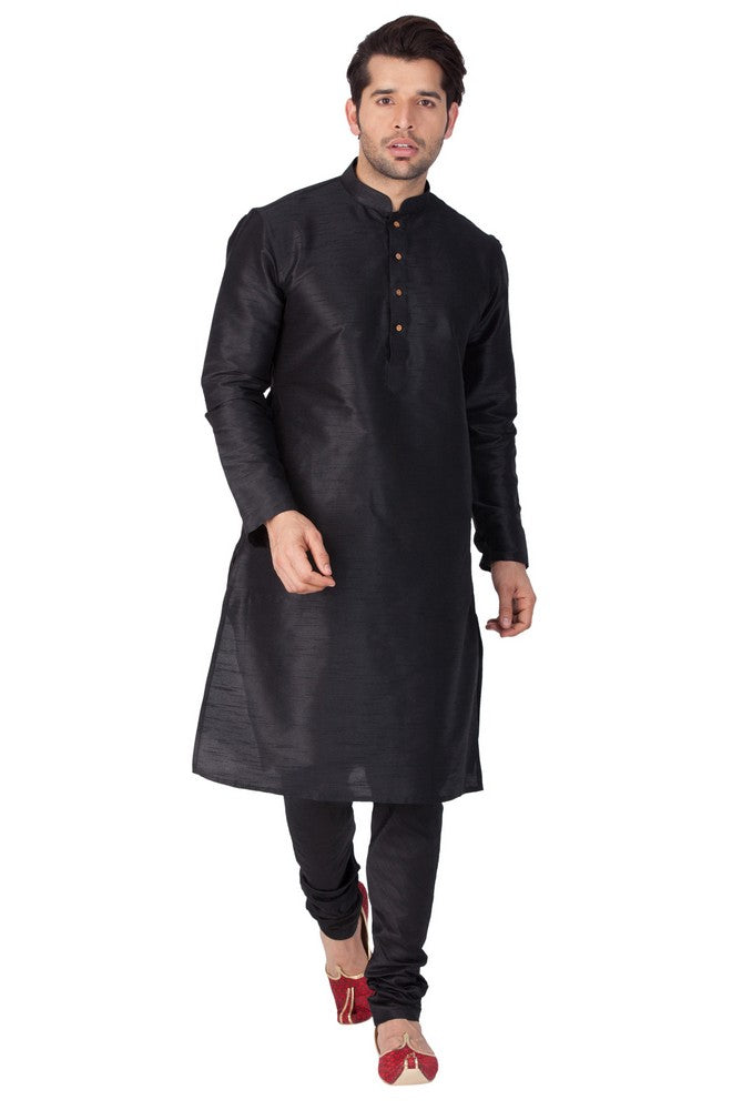 Men's Cotton Art Silk Solid Kurta And Pajama Set In Black