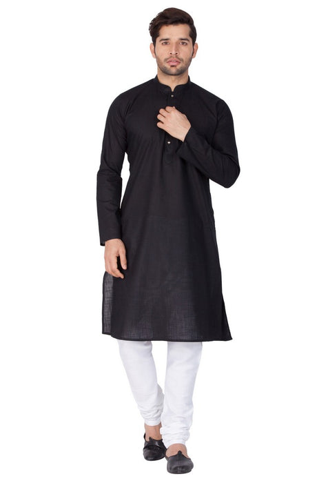 Men's Linen Solid Kurta and Pyjama Set in Black