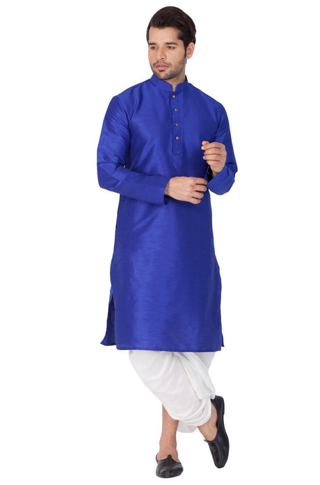 Men's Cotton Art Silk Solid Kurta and Dhoti Pant Set in Blue