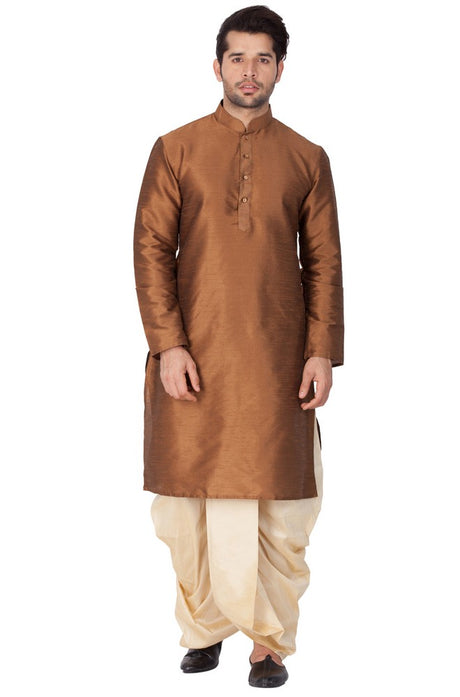 Men's Cotton Art Silk Solid Kurta and Dhoti Pant Set in Brown