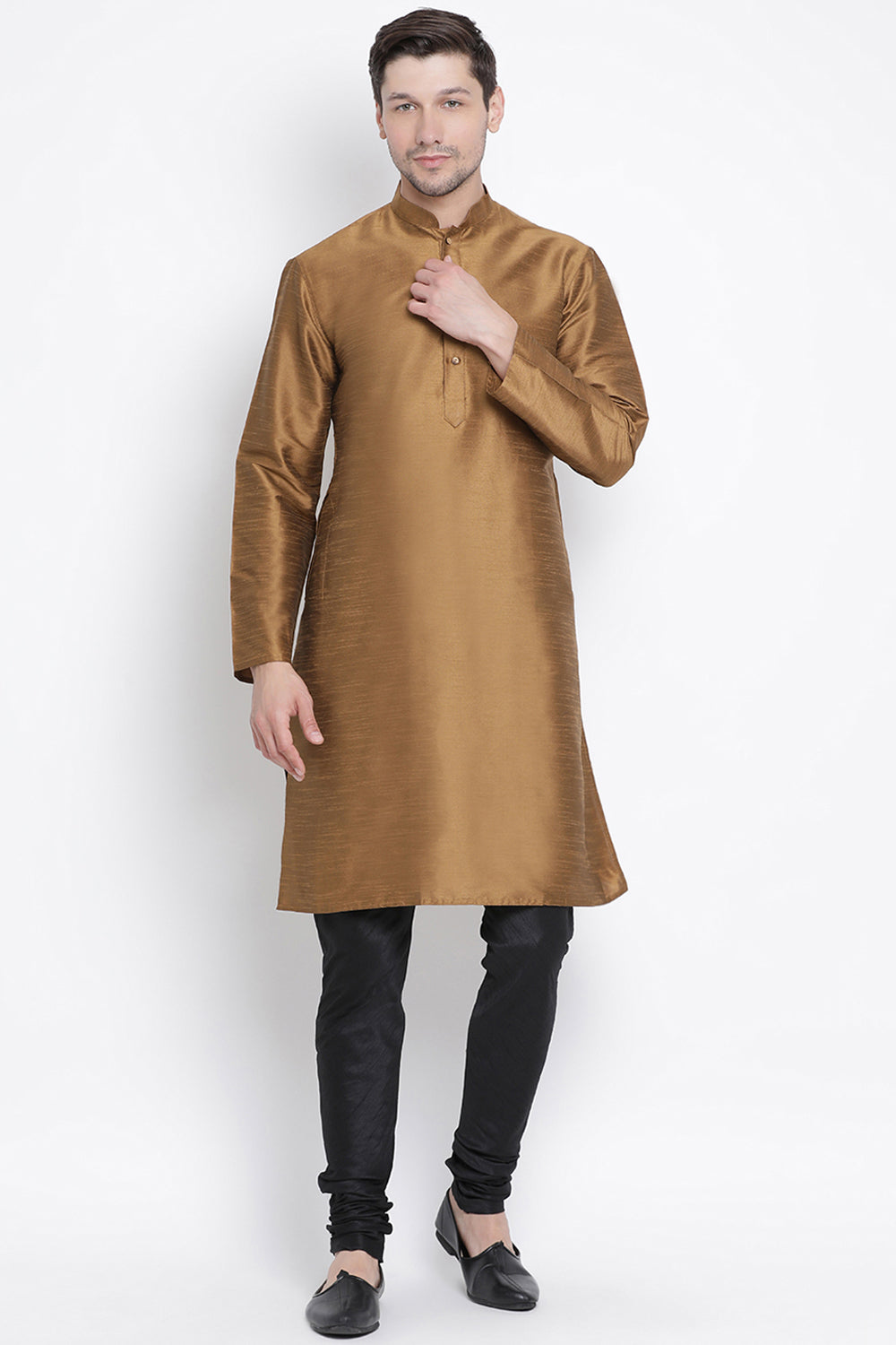 Men's Cotton Art Silk Kurta Set In Brown