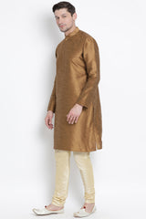 Men's Cotton Art Silk Kurta Set In Brown