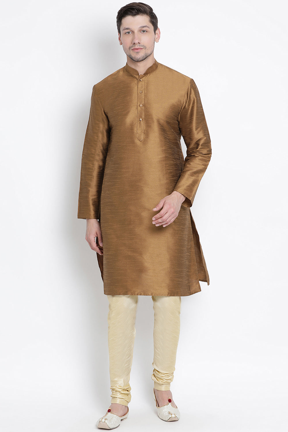 Men's Cotton Art Silk Kurta Set In Brown