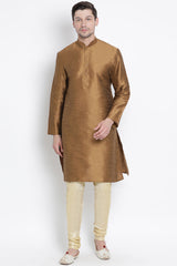 Men's Cotton Art Silk Kurta Set In Brown