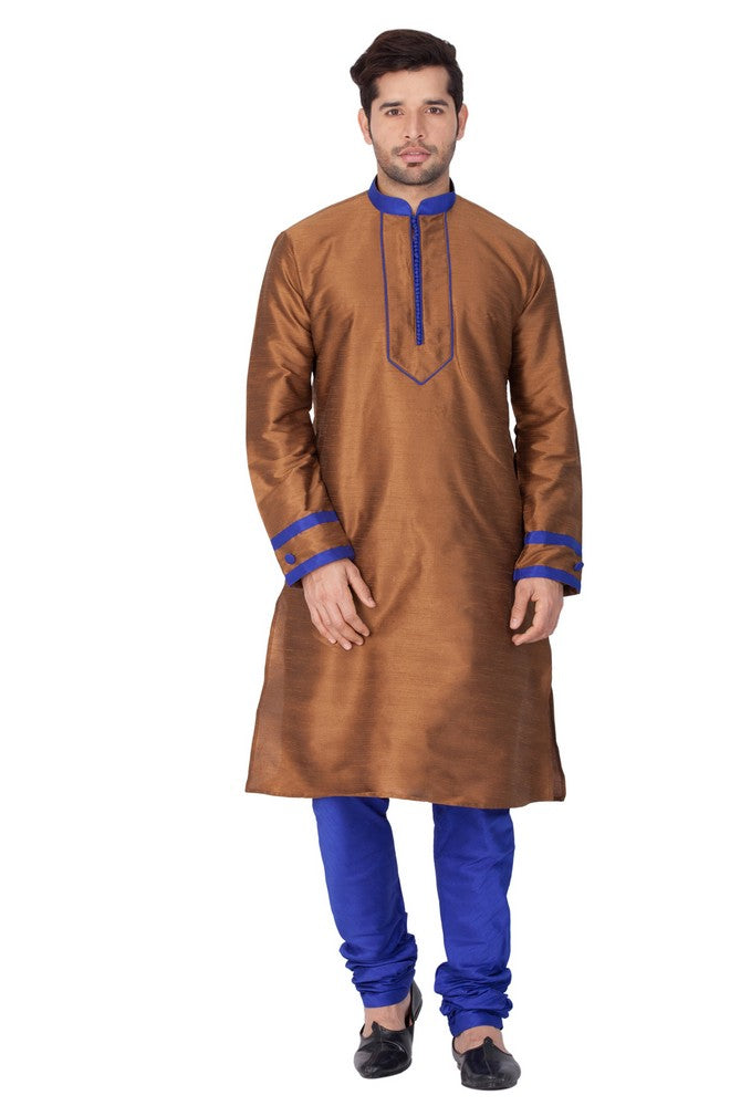 Men's Cotton Art Silk Solid Kurta And Pajama Set In Brown