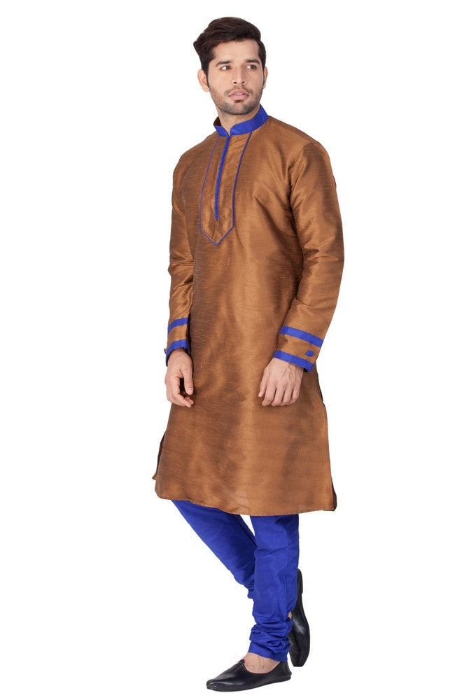 Men's Cotton Art Silk Solid Kurta And Pajama Set In Brown