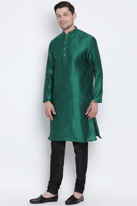 Men's Cotton Art Silk Kurta Set in Green