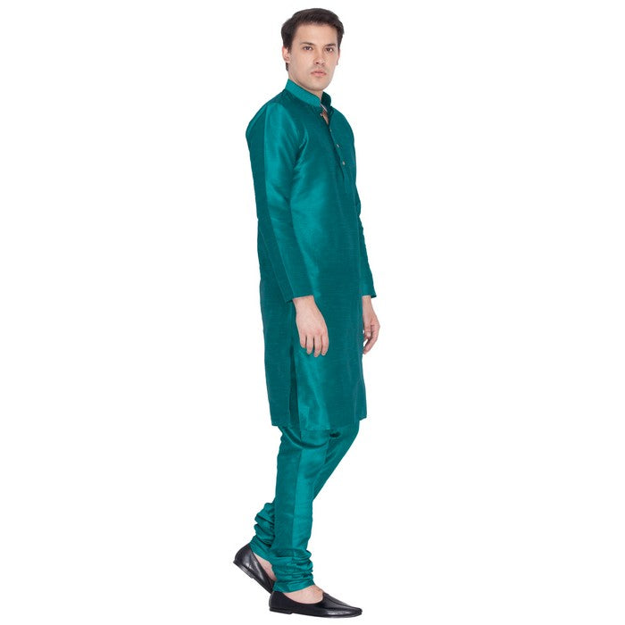 Men's Cotton Art Silk Solid Kurta And Pajama Set In Green